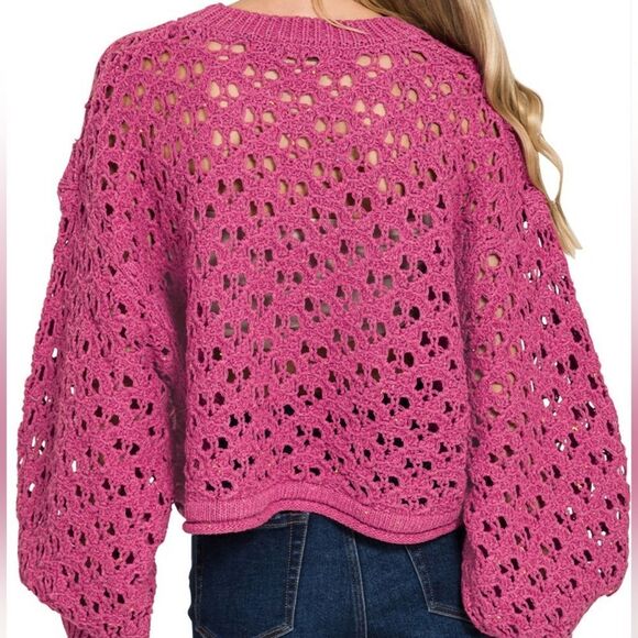 *Zenana Women's Casual Oversized Cropped Crochet Open Knit Sweater Pink Magenta - Picture 2 of 5